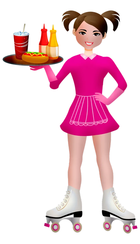 a girl in a pink dress holding a tray of food, a digital rendering, ( waitress ) girl, maid costume, velma, lineless