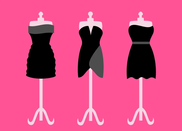 three dresses on mannequins on a pink background, an illustration of, cute black dress, business attire, stanchions, tube-top dress