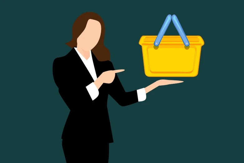 a woman in a business suit holding a shopping basket, pixabay, conceptual art, with pointing finger, with yellow cloths, marketing game illustration, simple and clean illustration