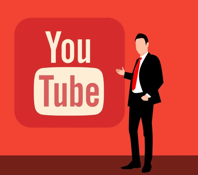 a man in a suit standing in front of a youtube logo, a picture, pixabay, modern simplified vector art, red theme, ads, can