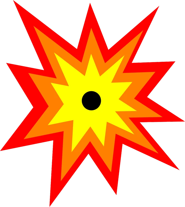 a red and yellow star burst on a white background, by Robert Beatty, shock art, grenade explosion, cartoonish and simplistic, inafune design, shoulder level shot