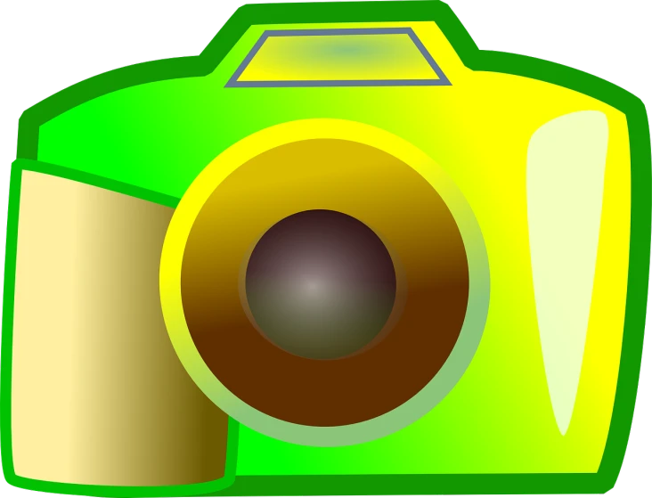 a yellow camera with a brown lens, by Tom Carapic, computer art, green colored theme, !!! colored photography, some yellow green and blue, clip-art