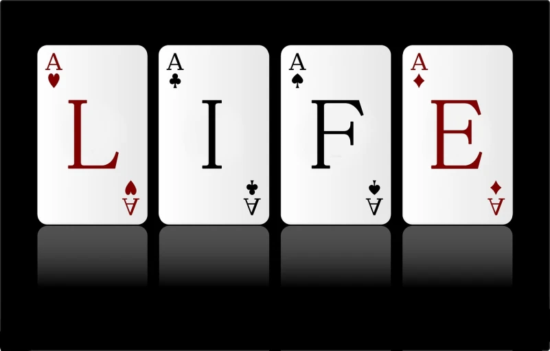 four playing cards with the words life written on them, by Ludovit Fulla, conceptual art, online casino logo, wallpaper for monitor, siluette, unlife