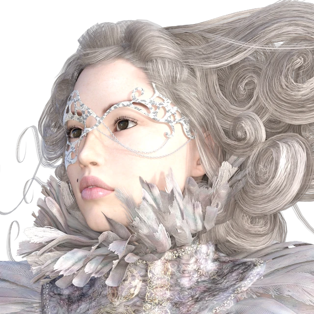 a close up of a person wearing a mask, a raytraced image, inspired by Fra Bartolomeo, fantasy art, winter princess, super detailed render, crystalline translucent hair, detailed intricate render