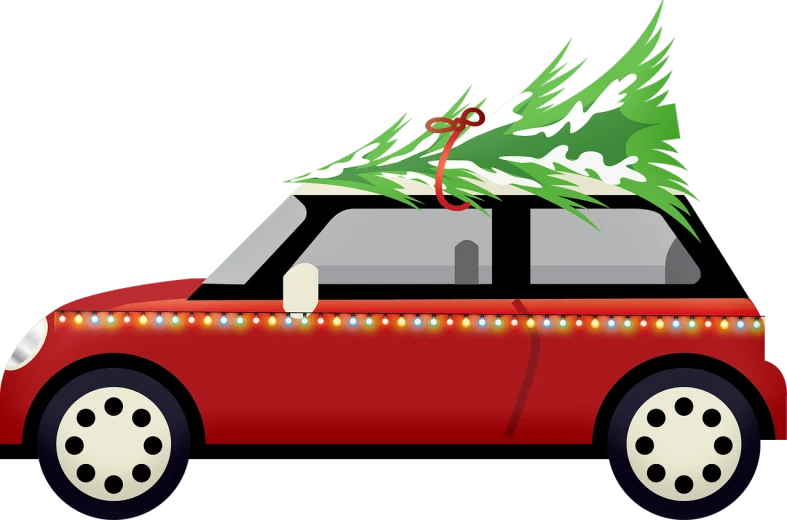 a red car with a christmas tree on top, pixabay, conceptual art, side profile, gif, with a roof rack, zoomed in