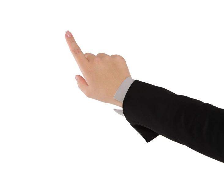 a person in a suit pointing at something, a stock photo, realism, real human female hand, tape, in an action pose, no text