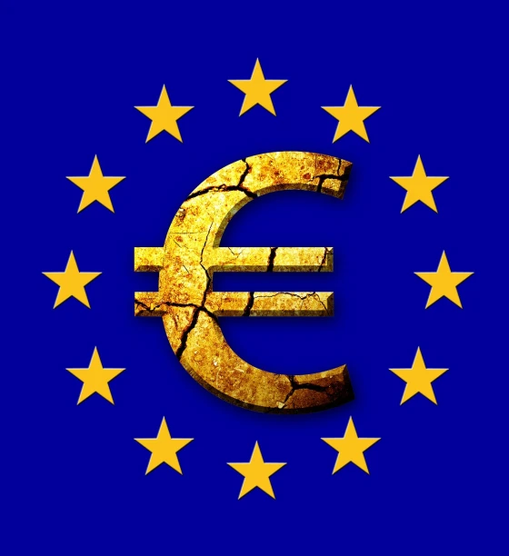 a gold euro sign surrounded by stars on a blue background, a photo, subject made of cracked clay, fall of the ancien regime, flag, photo photo