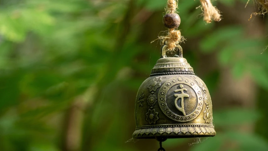 a bell hanging from the side of a tree, inspired by Gong Kai, unsplash, hurufiyya, close up shot of an amulet, indian style, zen natural background, ganesh