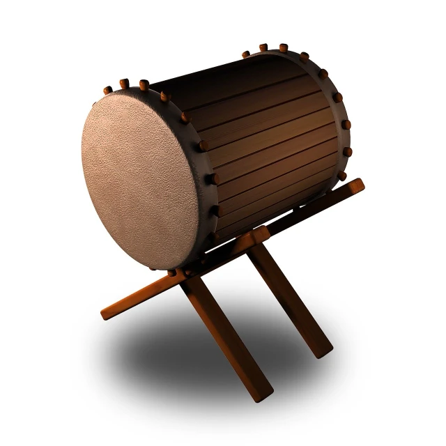 a drum sitting on top of a wooden stand, a low poly render, inspired by Shūbun Tenshō, mingei, 1 4 5 0, barrel chested, murata yasushi nirasawa style, digitally enhanced