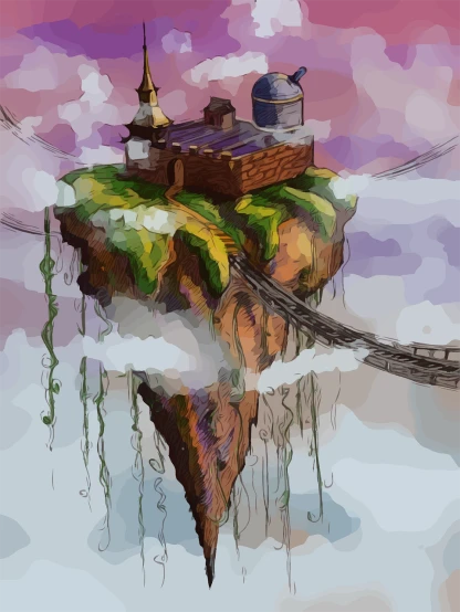 a digital painting of a small island in the sky, a digital painting, inspired by ESAO, cyberpunk chinese ancient castle, blurred and dreamy illustration, full color illustration, colored sketch