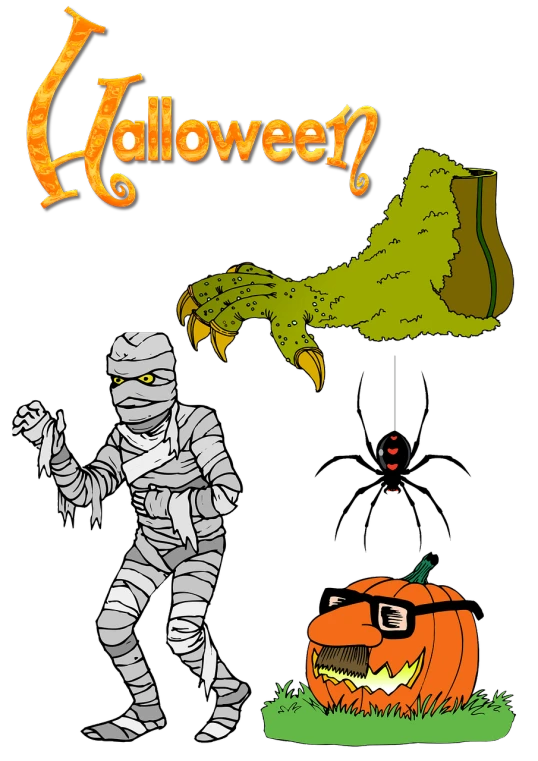 a cartoon of a man dressed as a mummy next to a pumpkin, inspired by Earle Bergey, find the hidden object, spiders!!!!, on black background, robot monster in background