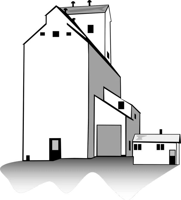 a black and white picture of a two story building, by Dennis Ashbaugh, deviantart, computer art, farming, clipart, side view of a gaunt, malt