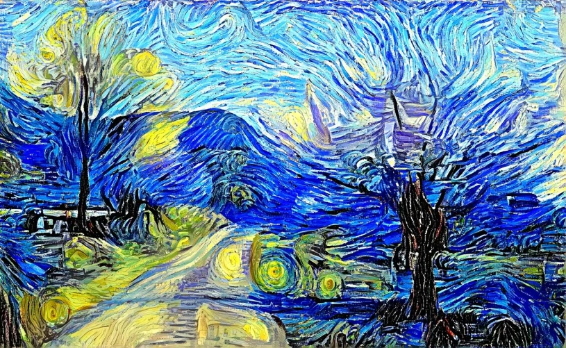 a painting of a road with mountains in the background, an impressionist painting, inspired by Vincent Di Fate, post-impressionism, baroque painting. star lit sky, scribble art, swirl, trending on pixart”