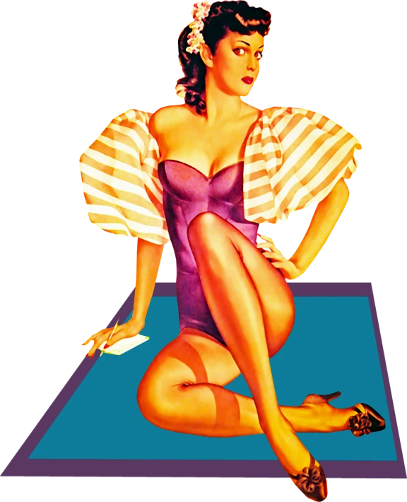 a pinup girl sitting on top of a blue mat, inspired by Alberto Vargas, pop art, violet polsangi pop art, bolero, striped, edited