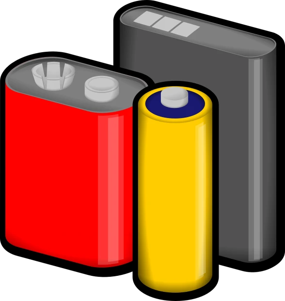 a couple of batteries sitting next to each other, an illustration of, red yellow black, an illustration, steel, basic photo