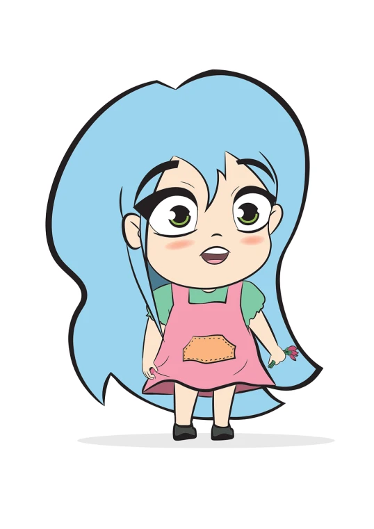 a cartoon girl with blue hair and a pink apron, inspired by Glòria Muñoz, mingei, full body single character, young with long hair, archie comic style, animated episode still