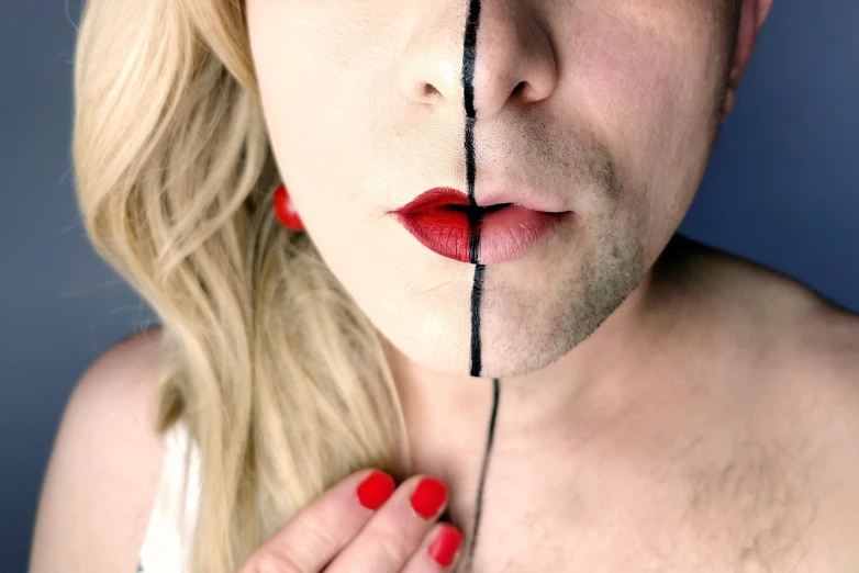 a woman holding a pair of scissors in front of her face, by Zoran Mušič, flickr, realism, neck zoomed in from lips down, close up of a blonde woman, red facial stripe, couple kissing