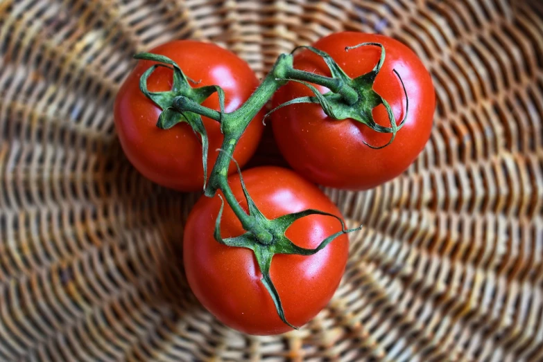 three tomatoes sitting on top of a wicker basket, top down photo, stems, very crisp details, image