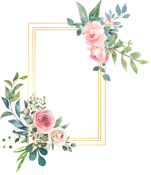 a floral frame with pink roses and green leaves, pixabay, gold, square, large vertical blank spaces, listing image