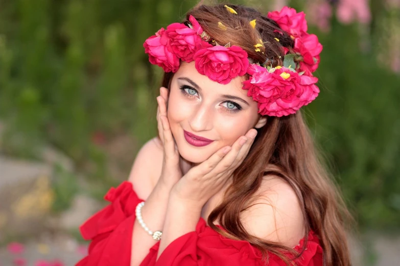 a woman in a red dress with flowers in her hair, a portrait, pixabay contest winner, a beautiful teen-aged girl, rose crown, beautiful jewish woman, 🌸 🌼 💮