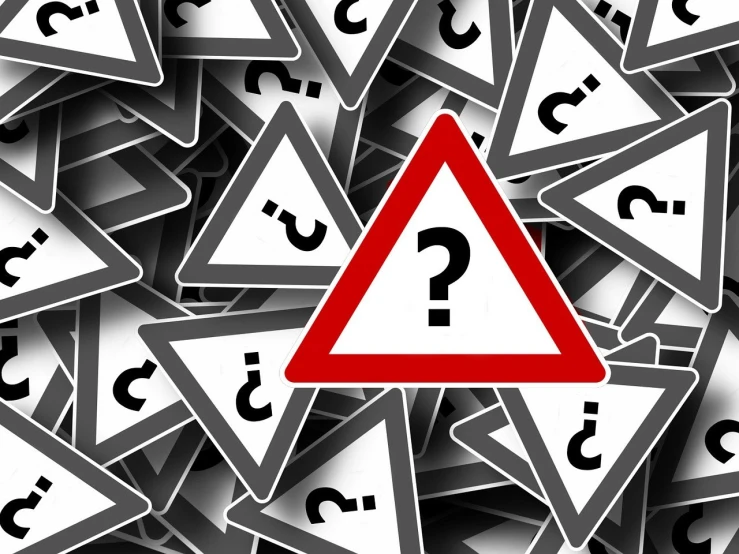 a pile of road signs with a question mark on them, by Julian Allen, trending on pixabay, precisionism, beware the ides of march, fancy background, inverted triangle body type, watch photo