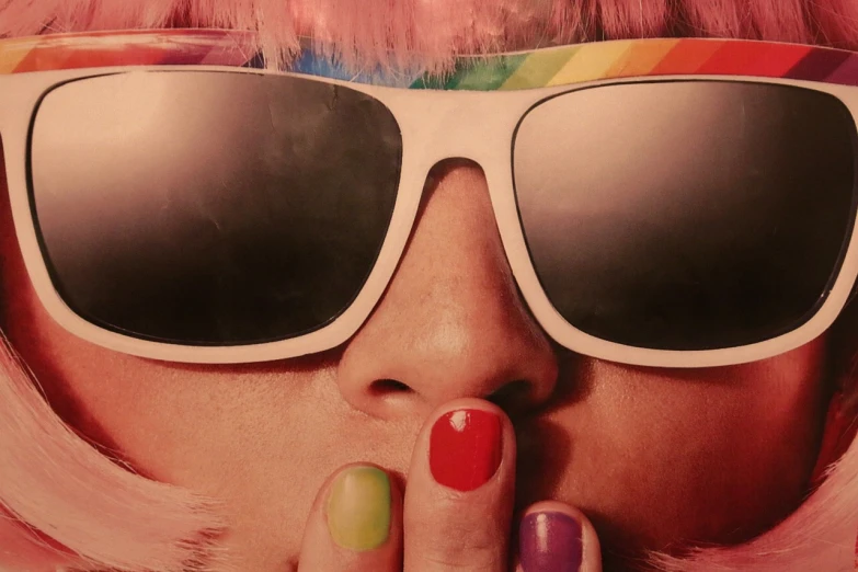 a close up of a person with sunglasses on, a photorealistic painting, by Lee Gatch, trending on flickr, rainbow accents, painted nails, high times magazine aesthetic, rainbow reflections