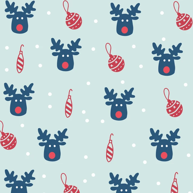 a pattern of reindeers and ornaments on a blue background, a picture, tumblr, red nose, on a pale background, operation, july