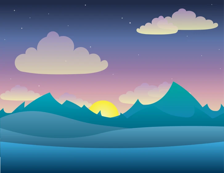 a landscape with mountains and clouds at night, vector art, smooth utopian design, cartoon style illustration, seaside backgroud, environment design illustration