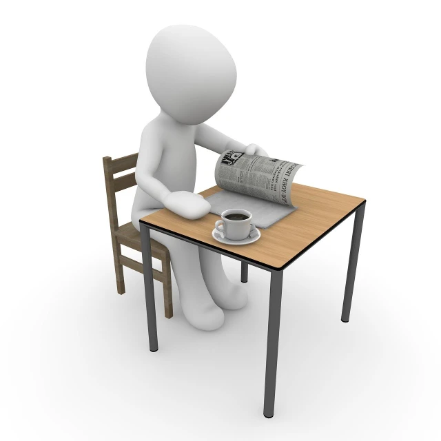 a person sitting at a table with a newspaper and a cup of coffee, figuration libre, 3d render, basic photo, dsrl photo