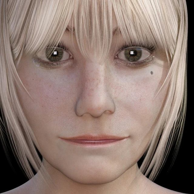 a close up of a person with blonde hair, inspired by senior character artist, photorealism, high resolution render, ultra detailed female android, sparse freckles, hyperrealistic n- 4