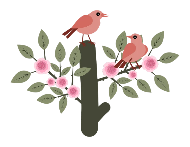 a couple of birds sitting on top of a tree branch, inspired by Okada Hanko, trending on pixabay, sōsaku hanga, rose, a paper cutout garden, 🎀 🗡 🍓 🧚, loosely cropped