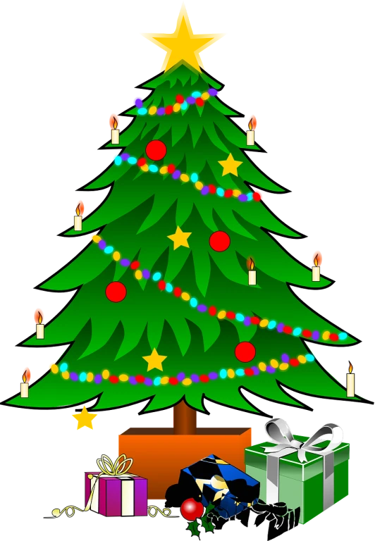 a christmas tree with presents around it, a digital rendering, inspired by Ernest William Christmas, pixabay, naive art, on a flat color black background, lit with candles, 3/4 side view, black fir
