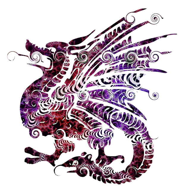 a drawing of a dragon on a black background, a digital rendering, digital art, purple and red colors, fractal paisley inlay, sea dragon, mythical whimsical creatures