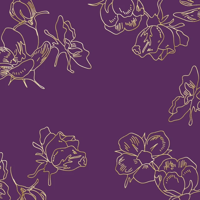 a bunch of flowers on a purple background, a digital rendering, inspired by Katsushika Ōi, art nouveau, gold detailed line work, one - line drawing, material is!!! plum!!!, gold foil