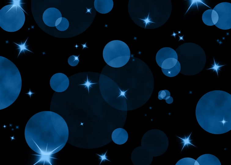 a bunch of blue circles and stars on a black background, digital art, digital art, bokeh photo