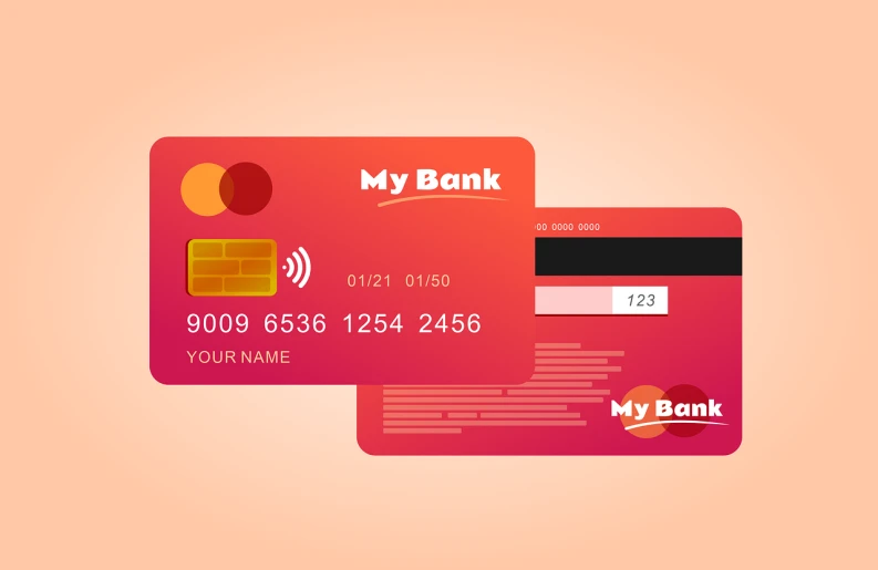 two credit cards sitting next to each other, a digital rendering, pink and red color style, flat 2 d design, ui card, card back template