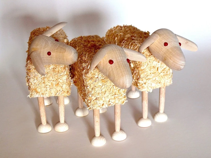 a group of wooden sheep standing next to each other, by Fiona Stephenson, flickr, straw, ruffles, trio, rice