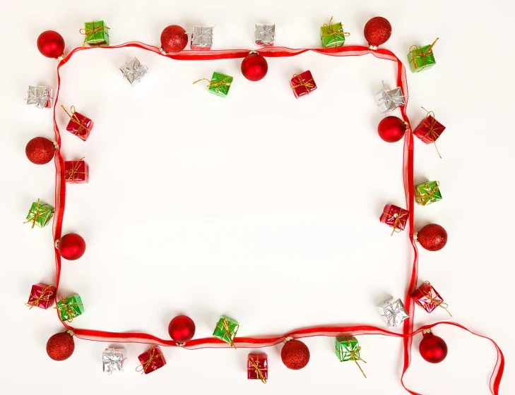 a frame made out of red and green christmas ornaments, minimalism, rectangular, ribbon, air shot, high quality image”