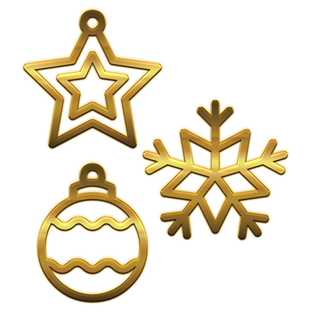 three gold christmas ornaments on a black background, a digital rendering, art deco, neon outline, game icon asset, high res photo