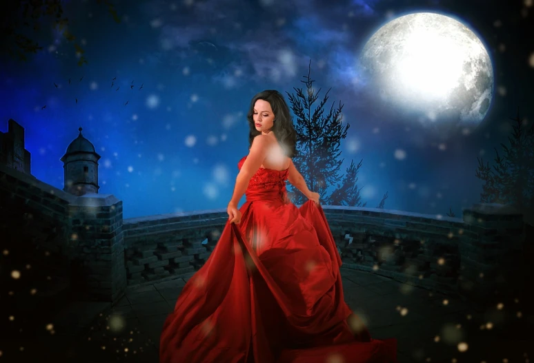 a woman in a red dress in front of a full moon, inspired by Nene Thomas, pixabay contest winner, winter princess, photo taken with canon 5d, portrait of snow white, musical