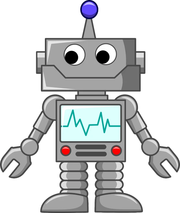 a robot with a monitor on it's face, cartoonish vector style, grey metal body, soundwave, made with illustrator
