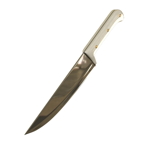 a close up of a knife on a black background, a digital rendering, trending on polycount, made out of shiny white metal, highly detailed product photo