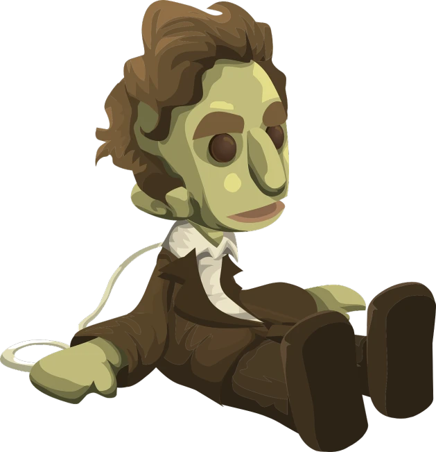 a cartoon character is sitting on the ground, vector art, inspired by Luigi Kasimir, deviantart contest winner, creepy marionette puppet, peter cushing as the 10th doctor, he has short curly brown hair, zombified