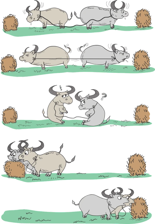 a herd of animals laying on top of a lush green field, tumblr, conceptual art, short cartoon strip, duel between two cowboys, hay, horns. dark colors