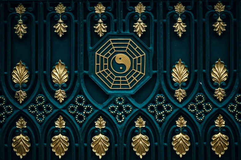 a blue and gold door with a yin symbol on it, a stock photo, inspired by Wu Wei, trending on pixabay, ornate dark green clothing, phone wallpaper. intricate, ornate gems, scales made of jade