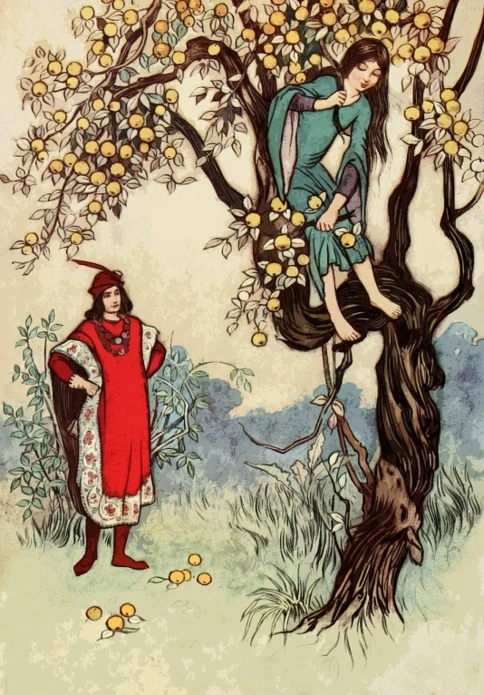 a painting of a woman standing next to a tree, a storybook illustration, by Warwick Goble, apples, male and female, flat color, detail on scene