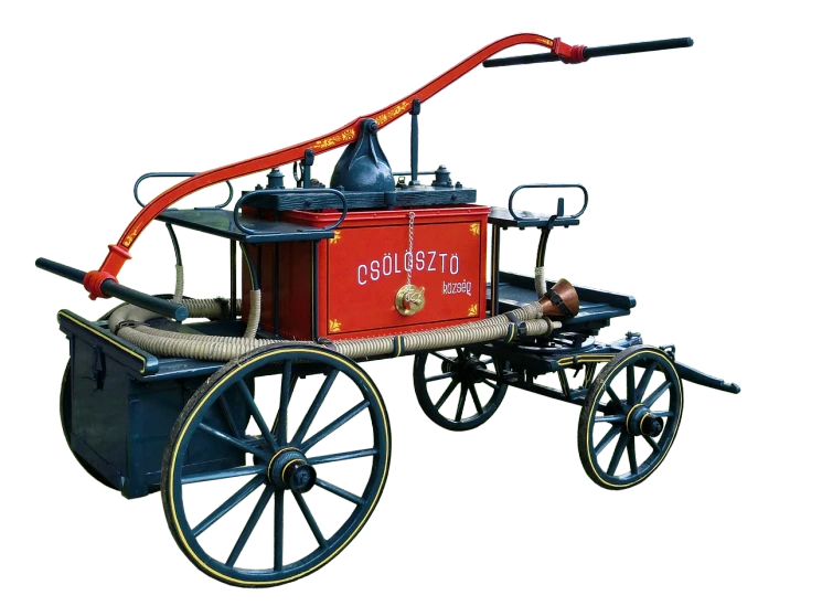 a red fire engine sitting on top of a wooden cart, trending on polycount, fine art, circa 1 8 6 1, colourised, on black background, gustav