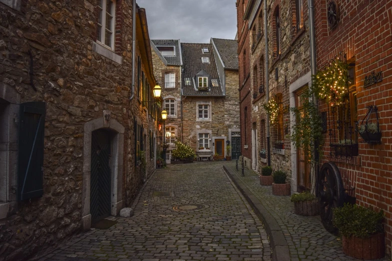 a cobblestone street lined with brick buildings, a picture, by Daniel Seghers, pexels, renaissance, overcast dusk, belgium, cozy place, courtyard