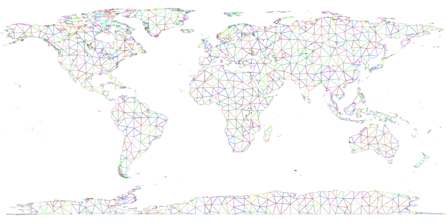 a map of the world on a black background, a digital rendering, inspired by Buckminster Fuller, generative art, psychedelic triangular skeleton, many colors, grid, world-bearing turtle