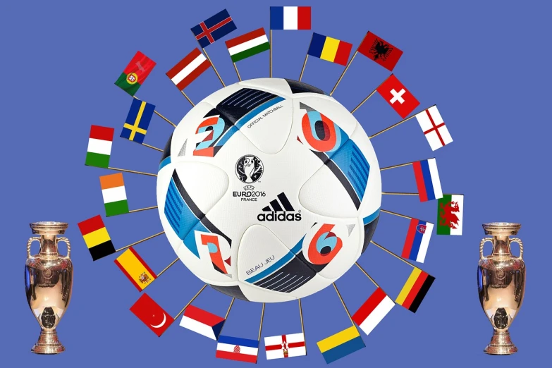 a soccer ball surrounded by a circle of flags, by Robert Medley, shutterstock, art deco, adidas, 2006, detailed picture, ad image